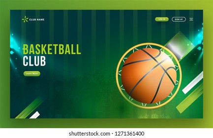 Top view of basketball hoop with ball on abstract green background. Basketball club landing page design.