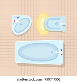 Top view of bathroom interior design with washbasin, toilet with small carpet near to it and tub. Vector illustration of restroom with beige floor tiles