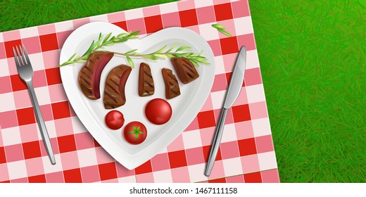 Top view bbq steak in heart shaped plate with tomatoes, fork and knife on checkered tablecloth and green grass, sliced fried meat, picnic barbeque meal, roasted food Realistic 3d vector illustration