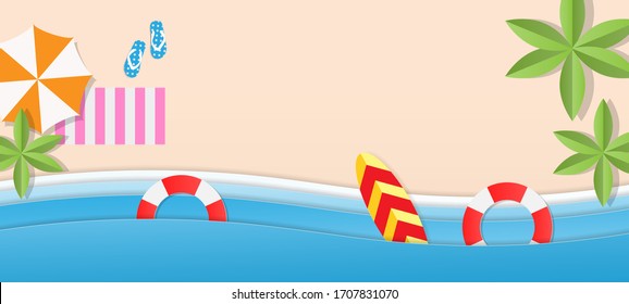 Top view of the beach with beach accessories, Paper art style of summer background, banner
