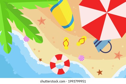 The top view of the beach with all its equipment: coconut tree, parasol, wave, buoy, surfing board, sandal, etc. with flat cartoon style