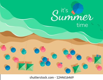 top view beach background from above with umbrellas, chaises longues, sea, waves, sand, foots print and text its summer time. aerial view of summer beach in flat style. vector.Tropical beach poster.
