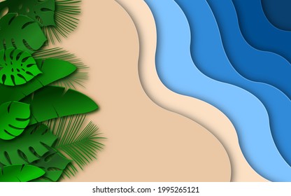 Top view beach background. aerial view of summer beach in paper craft style.paper cut and craft style. vector.