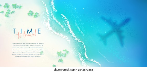 Top view beach background with airplane flight over sea. Time to travel slogan. Aerial view of summer beach. Vector illustration