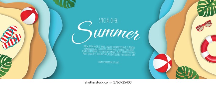 Top view beach background with balls, swim ring, sunglasses, sandals and sea.