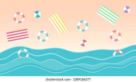 Top view beach background with balls,swim ring, and sea. Aerial view of summer beach in paper craft style. Vector.
