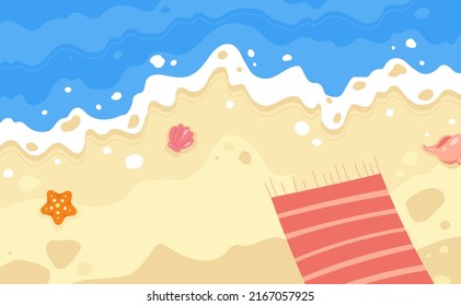 Top View Beach Background With Beach Blanket And Starfish. Vector Cute Foaming Sea Water And Sand Illustration.