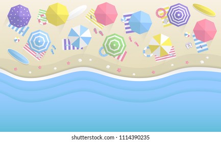 Top view beach background. Beach with colorful umbrellas and summer items. Beach and Sea. Vector illustration