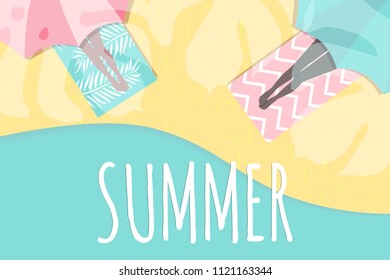 Top view beach background with girls under umbrellas. Summer beach in paper cut style. Vector illustration.