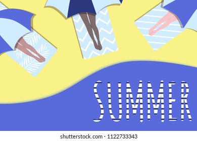 Top view beach background with girls under umbrellas. Summer beach in paper cut style. Vector illustration.