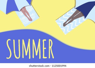 Top view beach background with girls under umbrellas. Summer beach in paper cut style. Vector illustration.