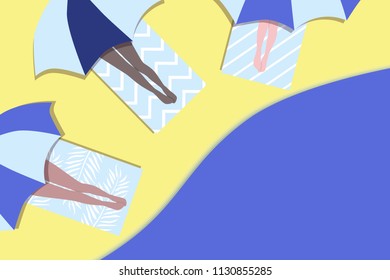 Top view beach background with girls under umbrellas. Summer beach in paper cut style. Vector illustration.
