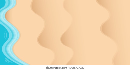 Top view beach background with golden sand and turquoise ocean waves. Vector summer beach party flyer or poster design template with tropical coast