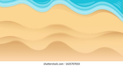 Top view beach background with golden sand and turquoise ocean waves. Vector summer beach party flyer or poster design template with tropical coast