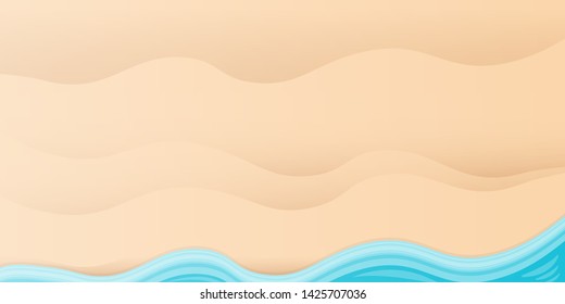 Top view beach background with golden sand and turquoise ocean waves. Vector summer beach party flyer or poster design template with tropical coast