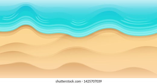 Top view beach background with golden sand and turquoise ocean waves. Vector summer beach party flyer or poster design template with tropical coast