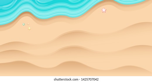 Top view beach background with golden sand and turquoise ocean waves. Vector summer beach party flyer or poster design template with tropical coast
