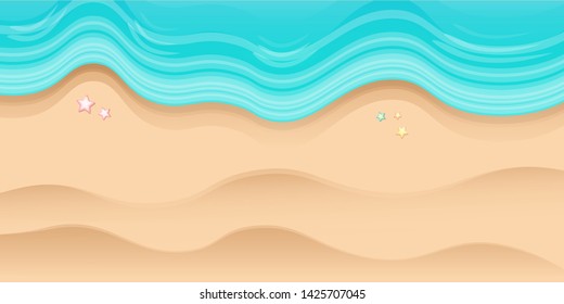 Top view beach background with golden sand and turquoise ocean waves. Vector summer beach party flyer or poster design template with tropical coast
