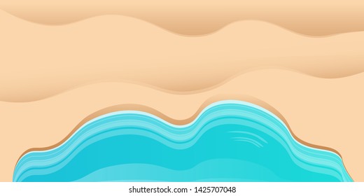 Top view beach background with golden sand and turquoise ocean waves. Vector summer beach party flyer or poster design template with tropical coast