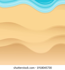 Top view beach background with golden sand and cartoon turquoise ocean waves. Vector cartoon summer beach party flyer or poster layout design template with tropical coast