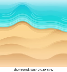 Top view beach background with golden sand and cartoon turquoise ocean waves. Vector cartoon summer beach party flyer or poster layout design template with tropical coast