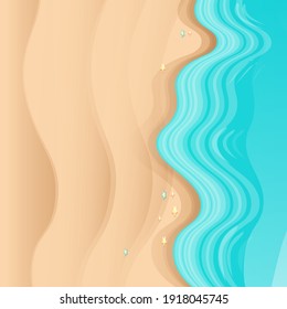 El fondo de la playa está dominado por la arena dorada y las olas turquesas del océano. Plantilla de diseño de caricatura vectorial de verano de playa fiesta de volante o afiche con costa tropical
