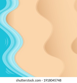 Top view beach background with golden sand and cartoon turquoise ocean waves. Vector cartoon summer beach party flyer or poster layout design template with tropical coast