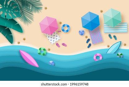 Top view beach background with green leaf,umbrellas,balls,swim rings,sunglasses,surfboards,sandals,many starfish and emerald sea.