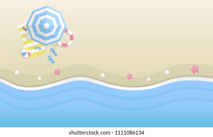 Top view beach background. Minimal trendy design. Blue umbrella and summer items on beach. Summer background,banner. Vector illustration