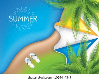 Top view beach background with palm trees, umbrella and slippers
