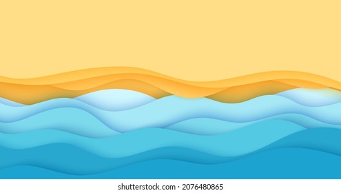 Top view beach background in paper cut style. 3d seaside yellow sandy coast and blue sea waves in summertime in papercut art. Vector card illustration cutout from cardboard