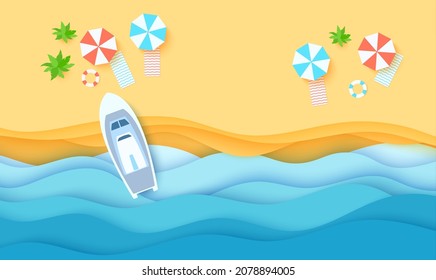 Top view beach background in paper cut style. 3d seaside with umbtellas, trees, beach towel, lifebuoy and ship in summertime in papercut art. Vector card illustration cutout from cardboard.