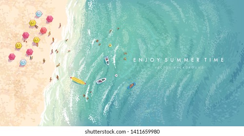 Top view beach background with people, boats, umbrellas, balls, swim ring. Aerial view of summer beach. Vector illustration