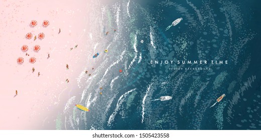 Top view beach background with people, boats, umbrellas, balls, swim ring. Aerial view of summer beach. Vector illustration