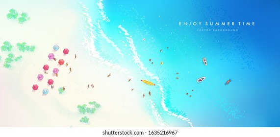 Top view beach background with people, boats, umbrellas, balls, swim ring. Aerial view of summer beach. Vector illustration