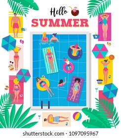 Top view beach background, Pool party, Summer water activities, scene with a lot of tiny people, characters, umbrellas, balls and kids. Vector banner, poster design