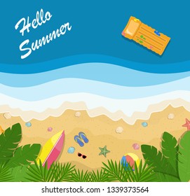 Top view beach background with sand waves, shells and jungles. Post card. Vector.