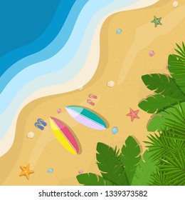 Top view beach background with sand waves, shells and jungles. Post card. Vector.