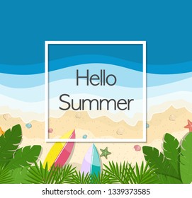 Top view beach background with sand waves, shells and jungles. Post card. Vector.