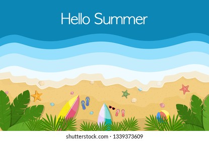 Top view beach background with sand waves, shells and jungles. Post card. Vector.