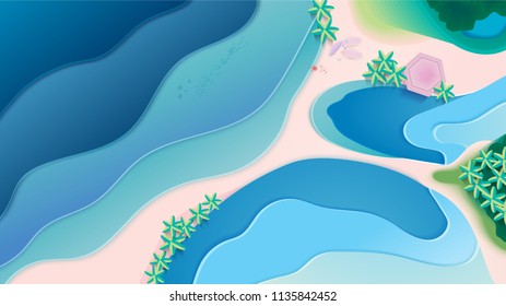 top view beach background and sea. summer beach in paper craft style.