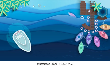 top view beach background and sea. summer beach in paper craft style.