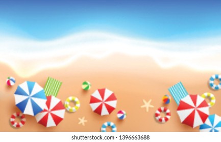 Top view of Beach background with sea wave,colorful beach umbrella,swim ring and beach ball..Summer and beach flat lay concept.Trendy Design Template for Summer.Vector illustration EPS10