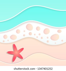 Top View Beach Background With Starfish And Sea. Aerial View Of Summer Beach In Paper Craft Style.paper Cut And Craft Style. Vector.
