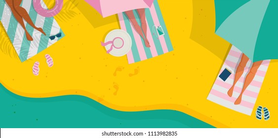 Top view beach background, Summer water activities. Women relaxing at the beach. Vector banner, poster design illustration