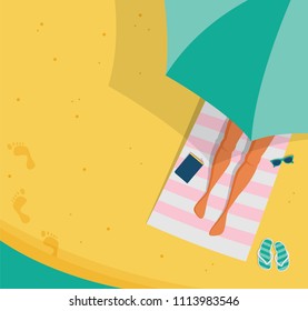 Top view beach background, Summer water activities. Women relaxing at the beach. Vector banner, poster design