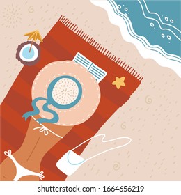 Top view Beach background with sunbather woman in hat on beach towel reading book. vacation travel, relaxation summer tourism, rest sea and sand, Vector flat illustration