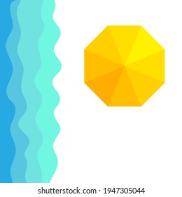 El fondo de la playa con vistas al mar azul y paraguas, aislado en una ilustración vectorial blanca.