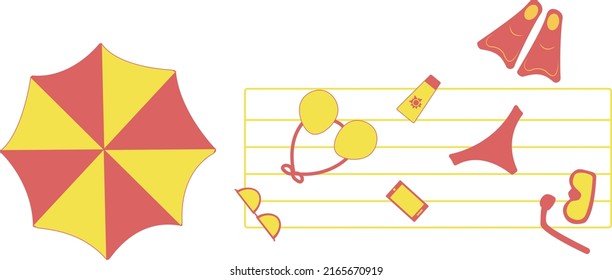 Top view beach background with umbrella, flippers, swimsuit, sun glasses, phone, beach towel, sunscreen, mask for swimming