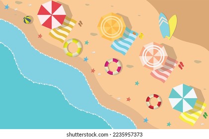 Top view of beach background with umbrella, ball, swim ring, surfboard, sandals, starfish and sea. aerial view of summer beach